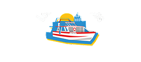 Bateau rouge et blanc sur mer bleue près d'une ville stylisée avec soleil et vent. Symbolise voyage et croisière.