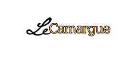 Logo textuel LeCamargue, 'Le' en script noir, 'Camargue' en orange contour noir.