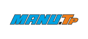 Logo MANU.TP en lettres bleues et orange avec contour gris.