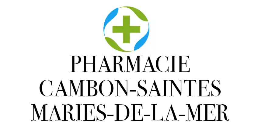 Logo pharmacie : croix verte centrale, encadrée de feuilles vertes et vagues bleues. Texte "PHARMACIE CAMBON-SAINTES MARIES-DE-LA-MER".